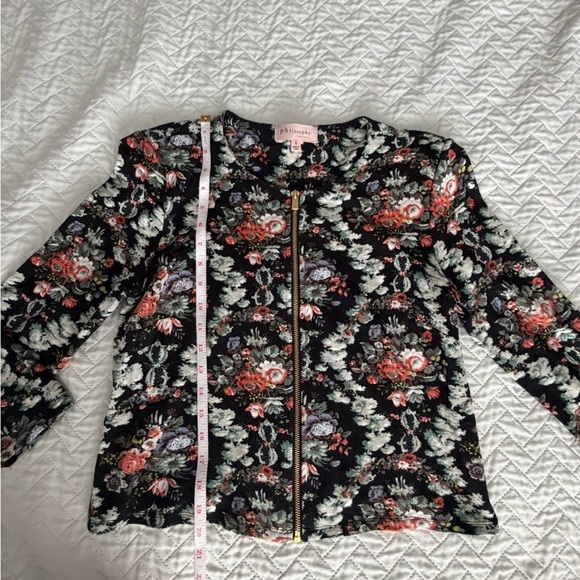 Philosophy Black Floral Blazer size S 3/4 sleeves NWOT zip front jacket - Picture 6 of 9